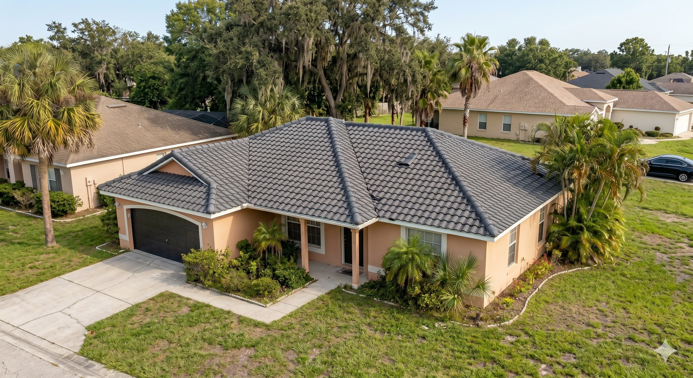 Restored tile roof after professional replacement
