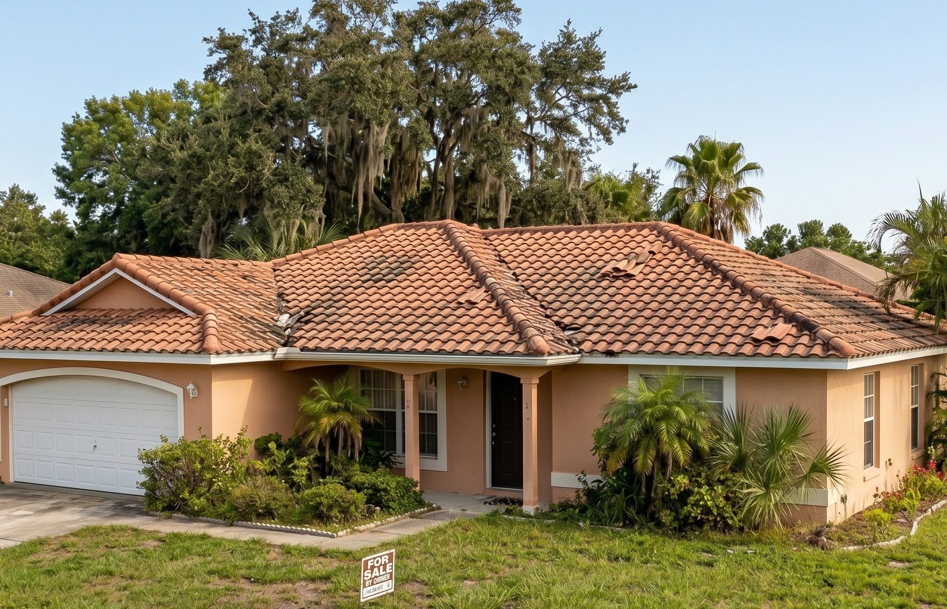 Damaged tile roof before restoration